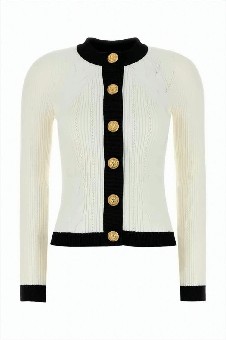 Balmain Fitted Cable Knit Cardigan With Gold Button Accents
