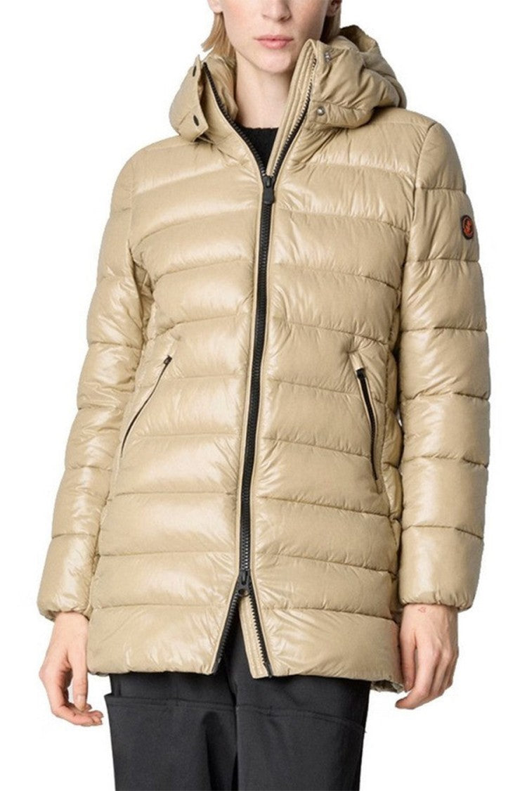 Save The Duck Beige Glossy Hooded Recycled Nylon Puffer Jacket
