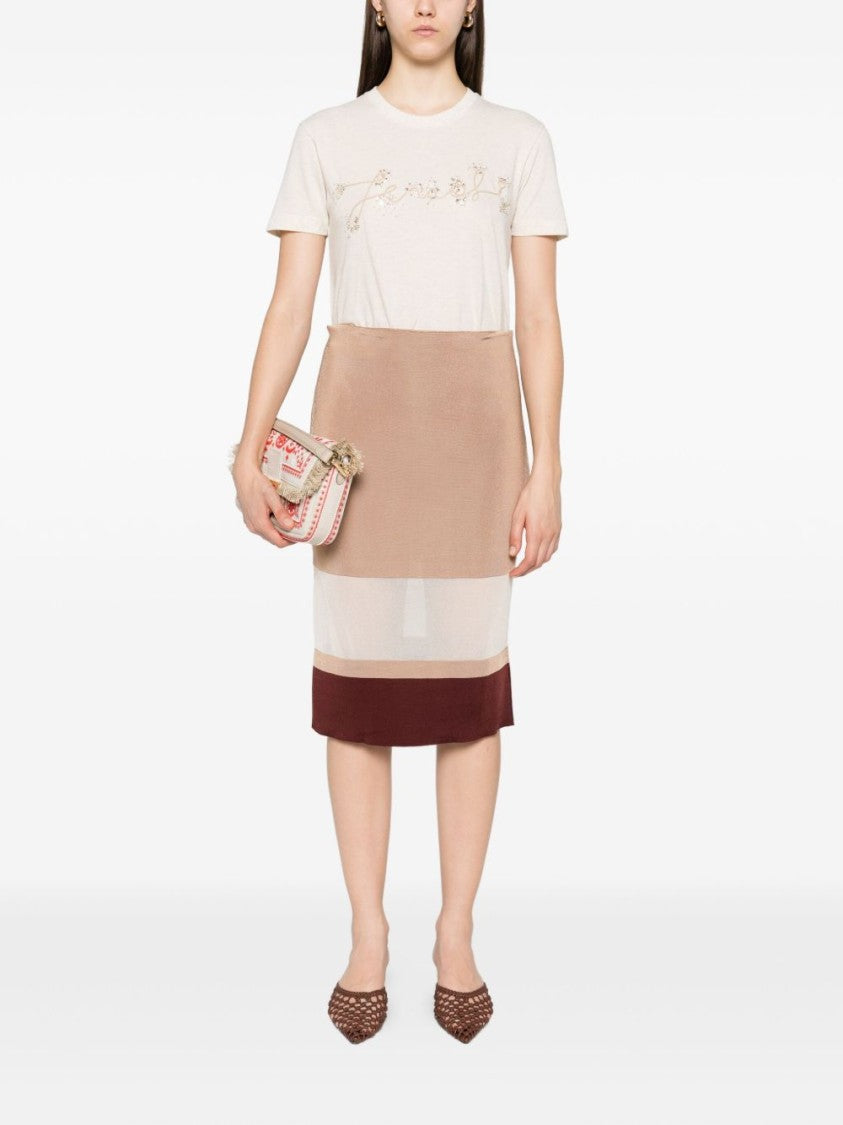 Fendi Beige Mélange Linen-Cotton Blend T-Shirt With Sequins