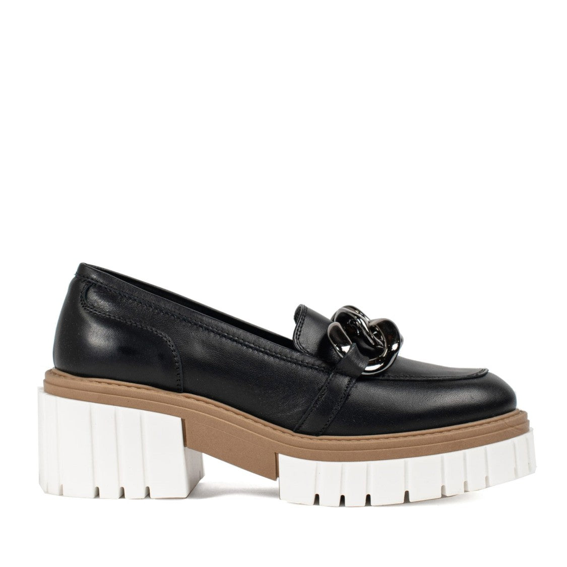Vamsko Iris Black Chunky Sole Silver Chain Leather Loafers
