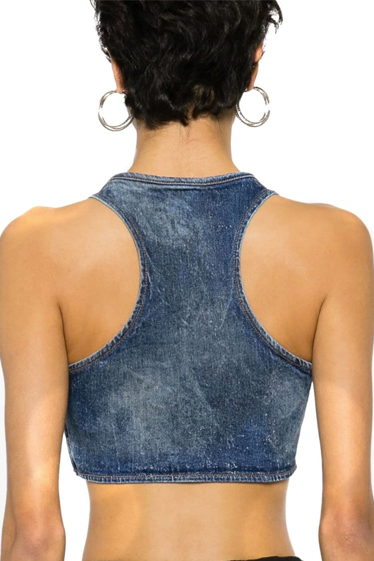 Diesel Cropped Denim Top With Embellished Logo Detail