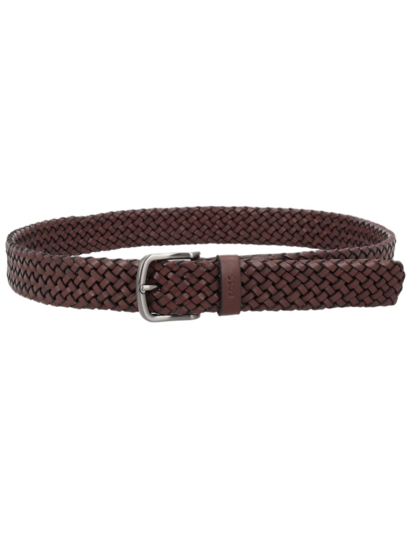 Boss Braided Leather Silver Metal Buckle Belt