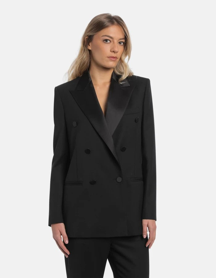 Dondup Black Double-Breasted Blazer With Satin Peak Lapel