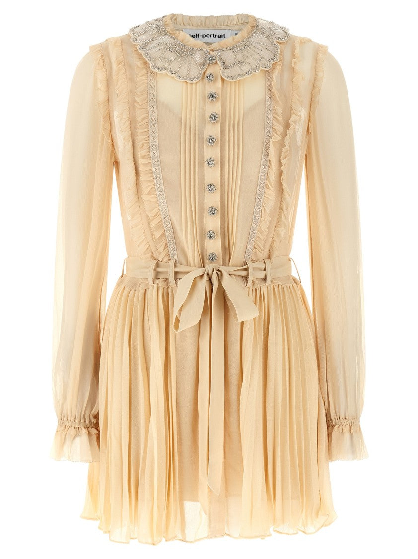 Self-Portrait 'Tan Pleated Georgette Mini' Dress