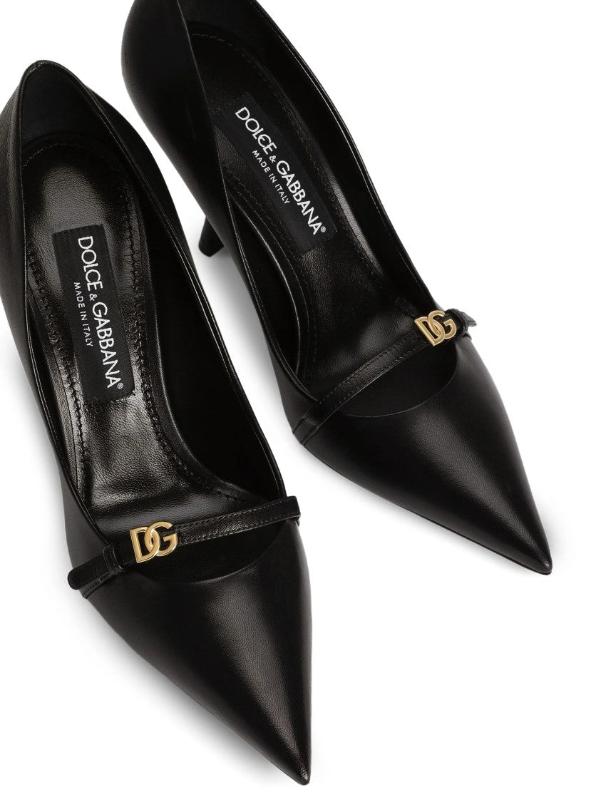 Dolce & Gabbana Pointed-Toe Black Leather Metallic Logo Pumps