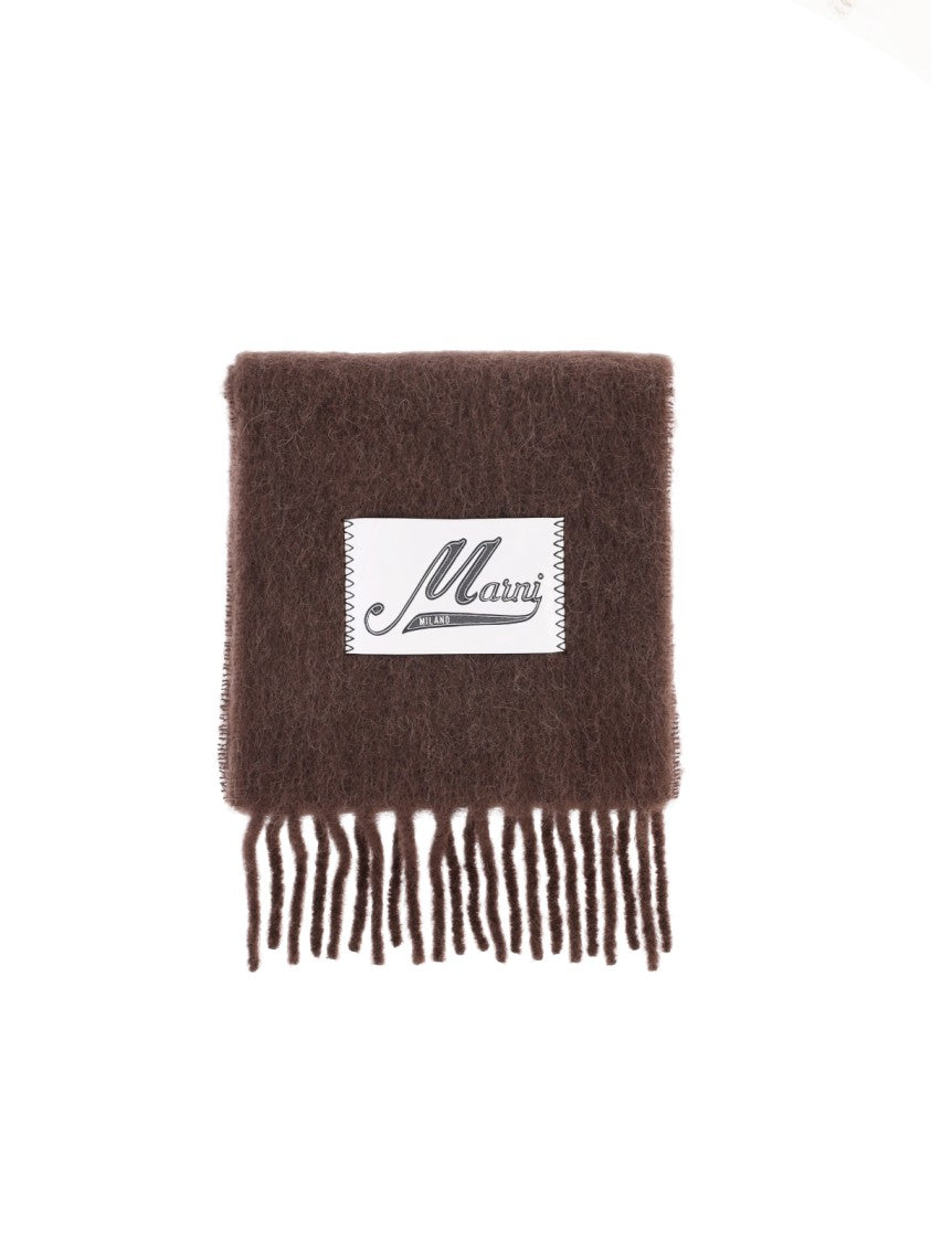 Marni Rectangular Brown Alpaca Blend Scarf With Fringed Edges And Logo Tag