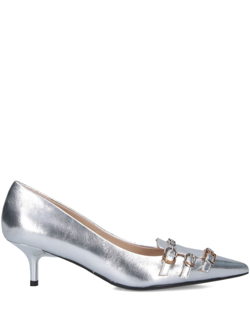 Pinko Pointed-Toe Silver Pump With Kitten Heel And Buckle Straps