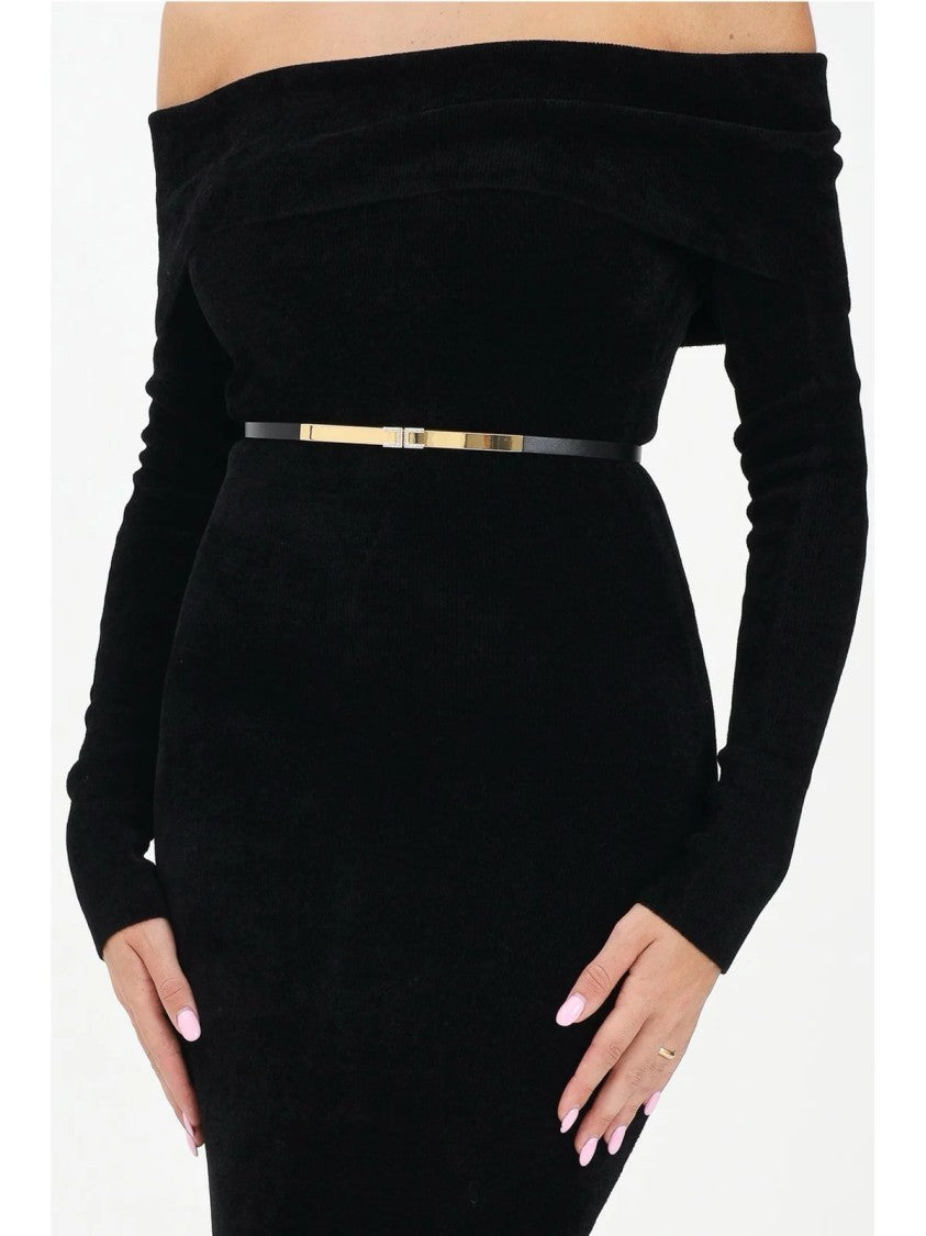 Elisabetta Franchi Floor-Length Chenille Dress With Off-The-Shoulder Neckline
