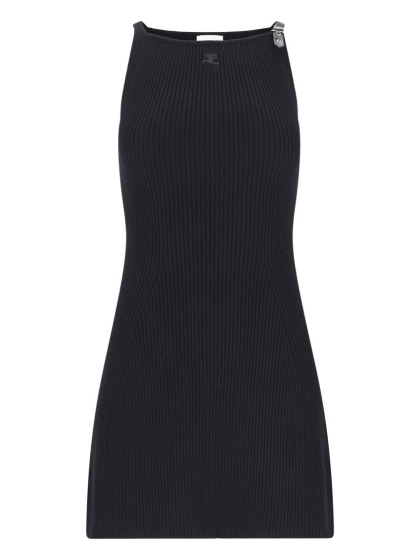 Courrèges Black Fabric Mini Ribbed Dress