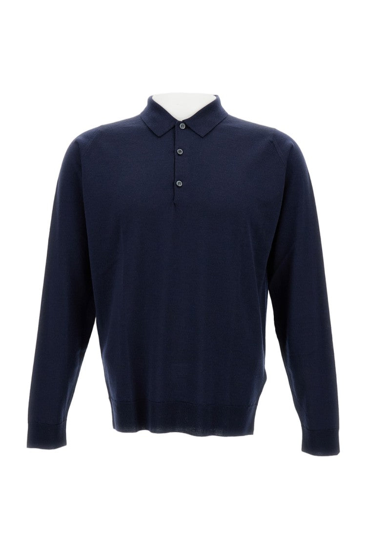 John Smedley Midnight Blue Long-Sleeved Polo Shirt In Extra-Fine Merino Wool