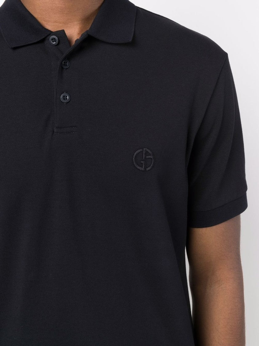 Giorgio Armani Navy Cotton Blend Polo With Embroidered Logo