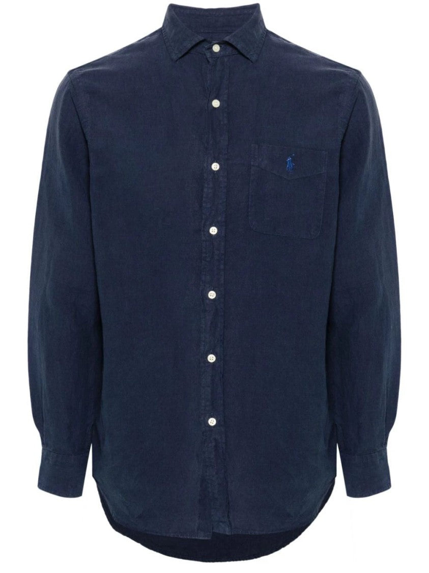 Polo Ralph Lauren Blue Textured Embroidered Pocket Linen Long-Sleeve Shirt