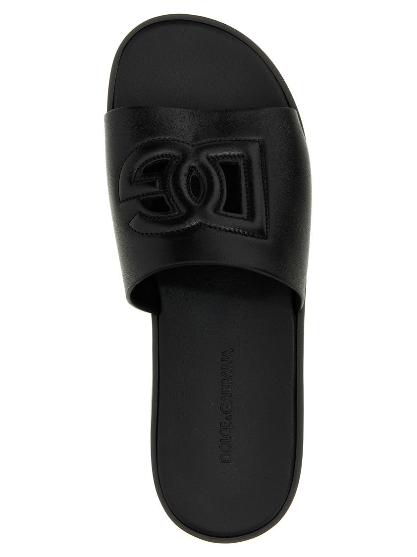 Dolce & Gabbana Black Leather Slides With Prominent Logo