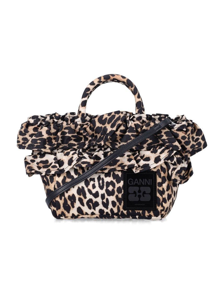 Ganni Leopard Mini Ruffled Shopper Bag