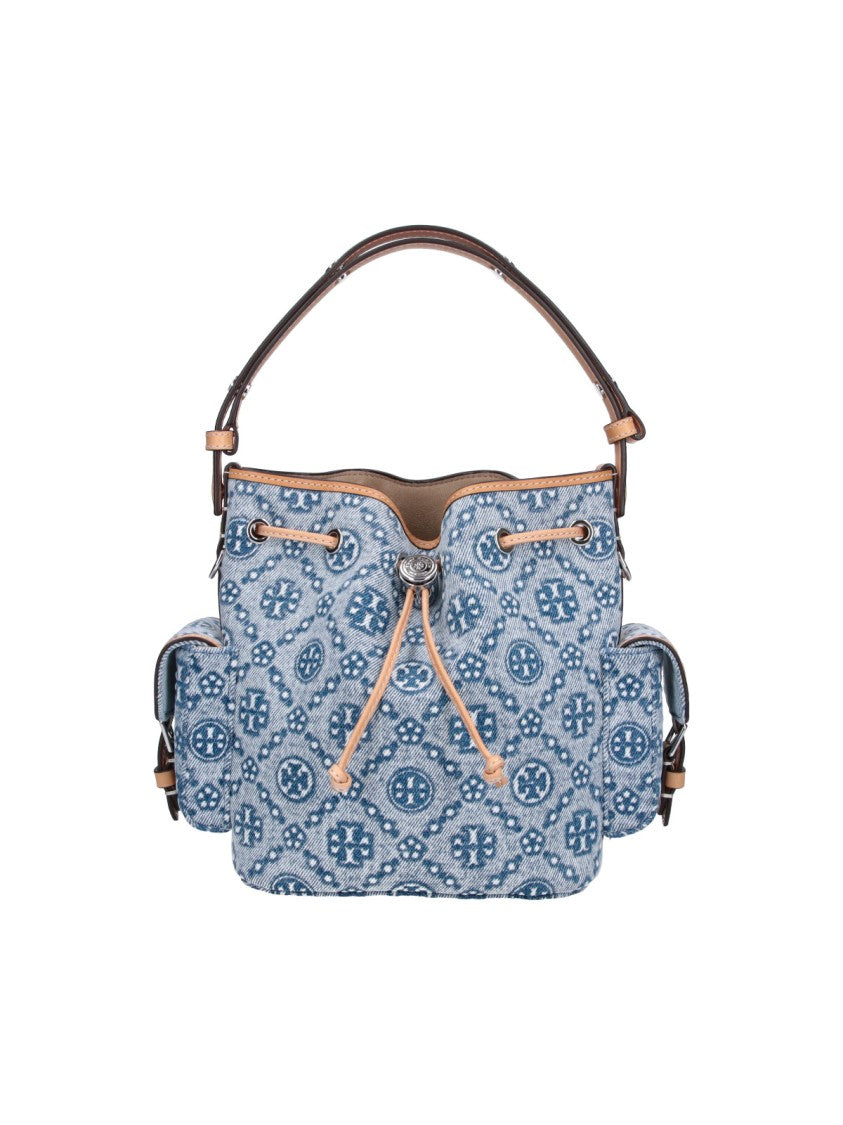 Tory Burch Blue T Monogram Cotton Bucket Bag