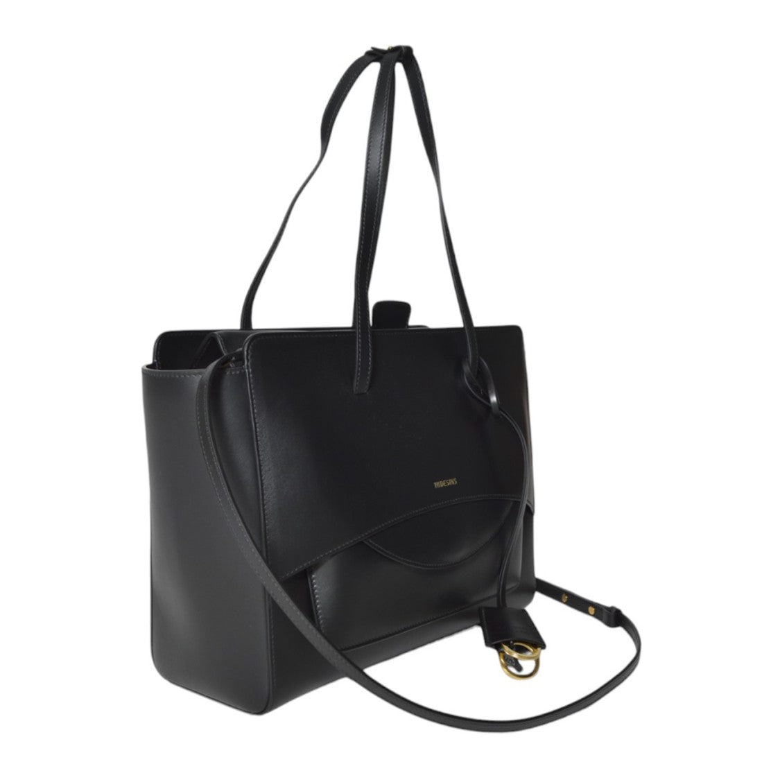 Hidesins Structured Black Leather Tote With Flap Closure
