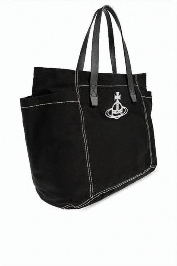 Vivienne Westwood Spacious Black Cotton Tote With Leather Handles