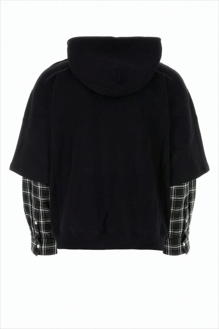 Marni Layered Black Hoodie With Plaid Sleeves
