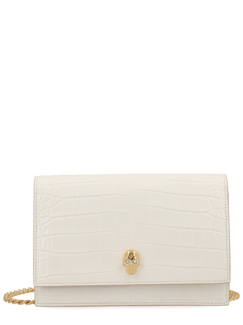 Alexander Mcqueen Black Skull Crocodile Embossed Shoulder Bag