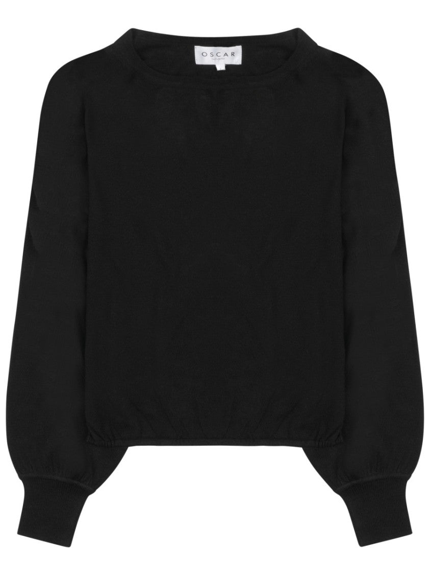 Oscar The Collection Cropped Black Long-Sleeve Top With Puffed Sleeves And Gathered Hem