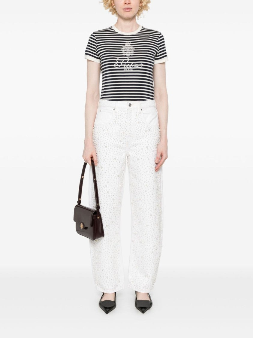 Frame Rhinestone-Embellished White Cotton Straight Jeans