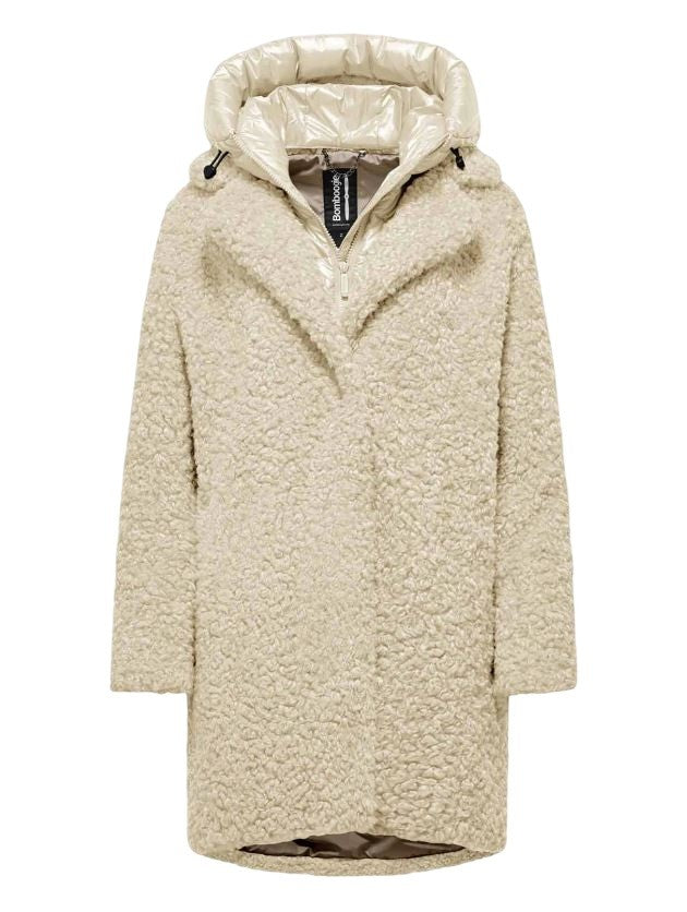 Bomboogie Women's Beige Teddy-Effect Coat With Padded Hood