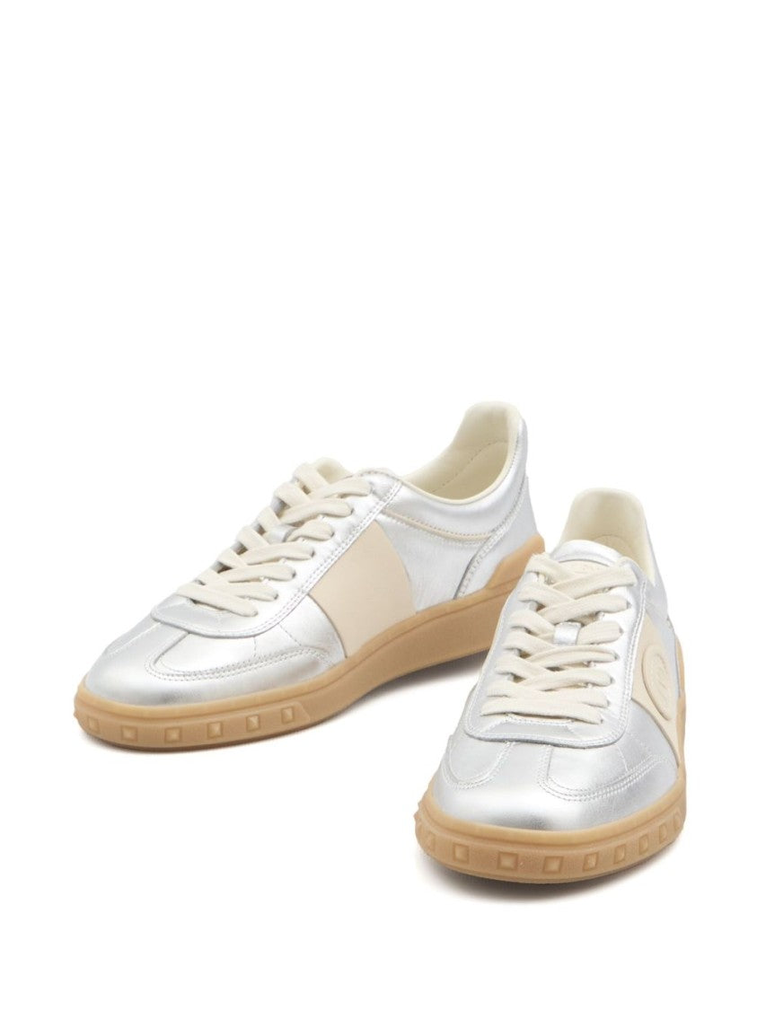 Valentino Garavani Metallic Silver Flats With Beige Accents