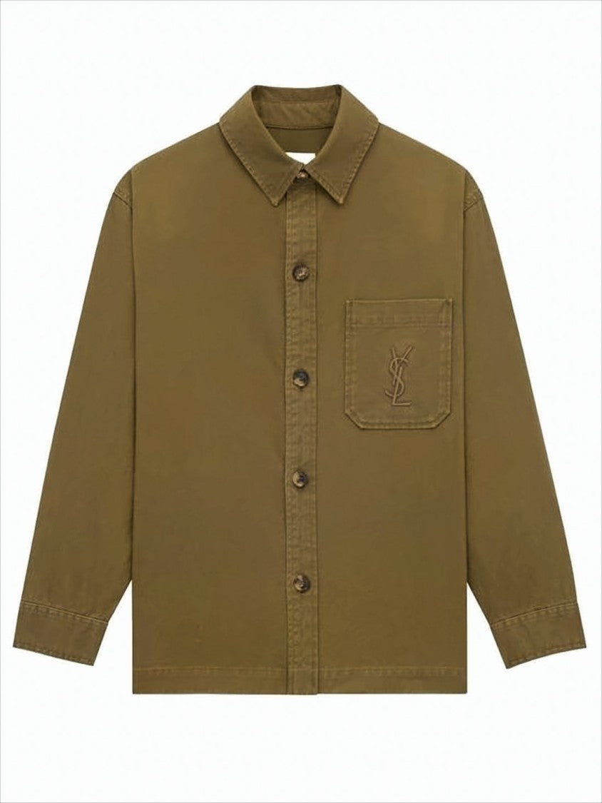 Saint Laurent Textured Gabardine Brown Overshirt With Classic Collar