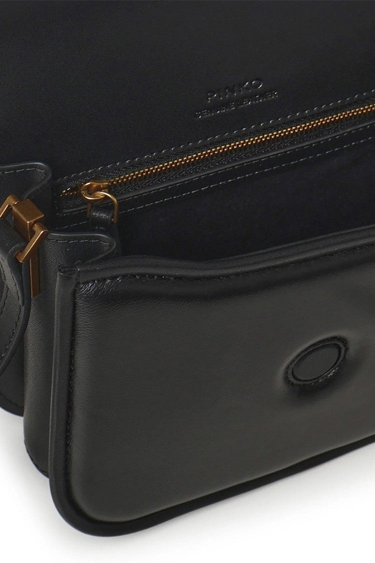 Pinko Black Flap-Front Gold Logo Clasp Leather Shoulder Bag