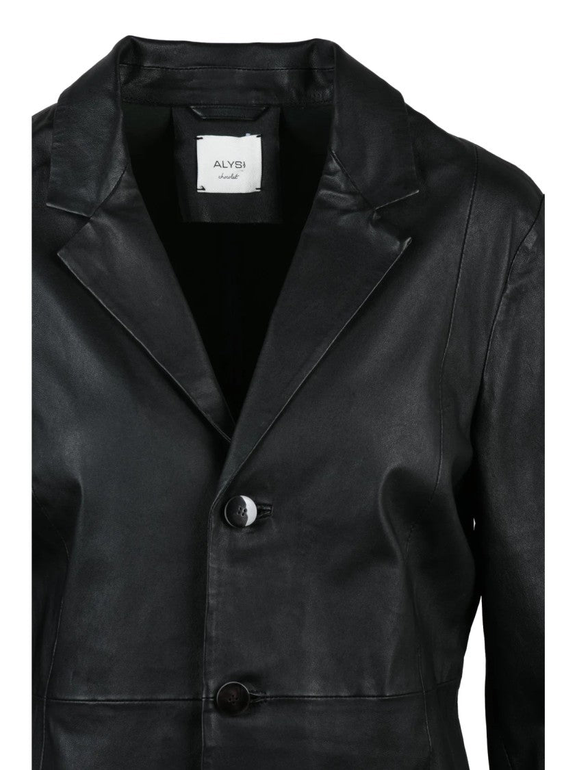 Alysi Tailored Black Leather Blazer With Classic Lapel And Button Closure