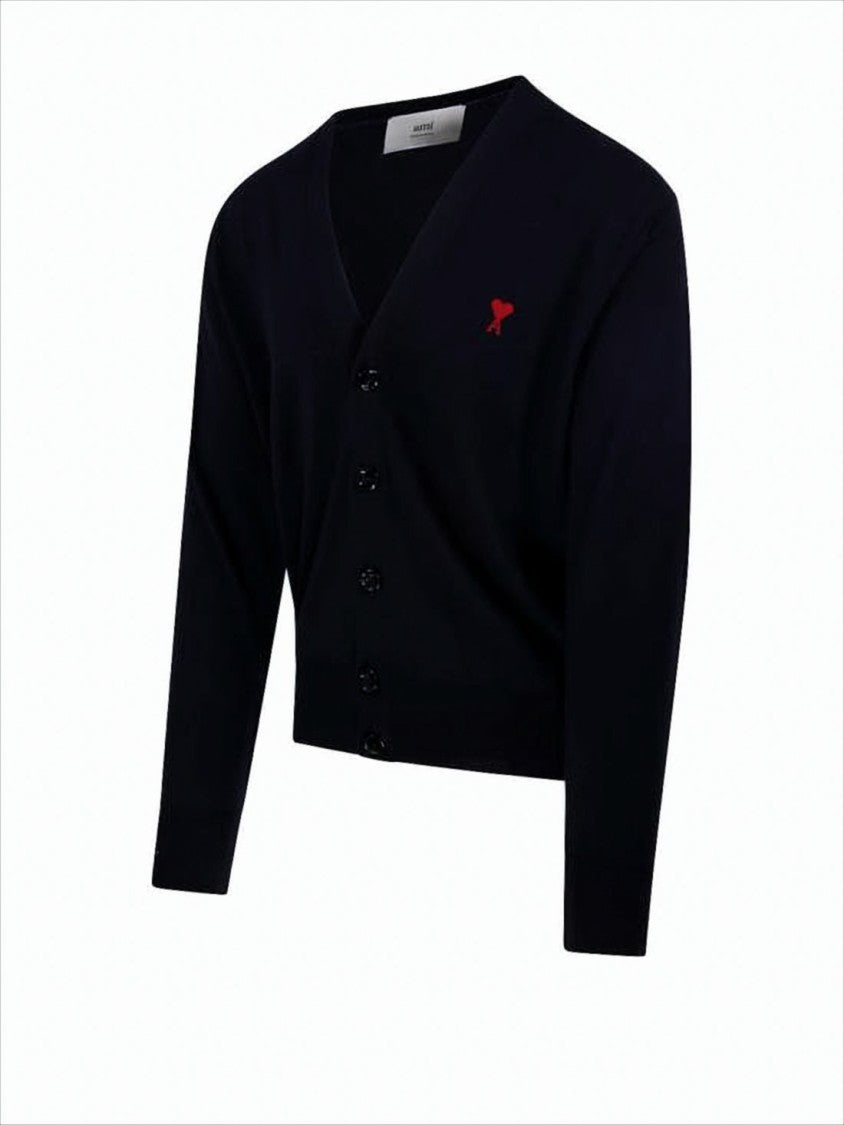 Ami V-Neck Black Merino Wool Cardigan With Signature Logo