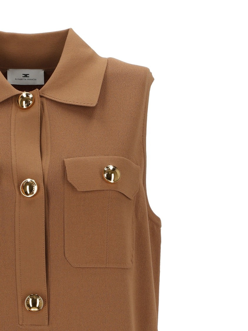 Elisabetta Franchi Sleeveless Two-Tone Knit Dress With Flap Pockets And Gold Accents