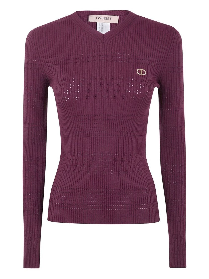 Twin-Set Ribbed Knit Sweater With V-Neck