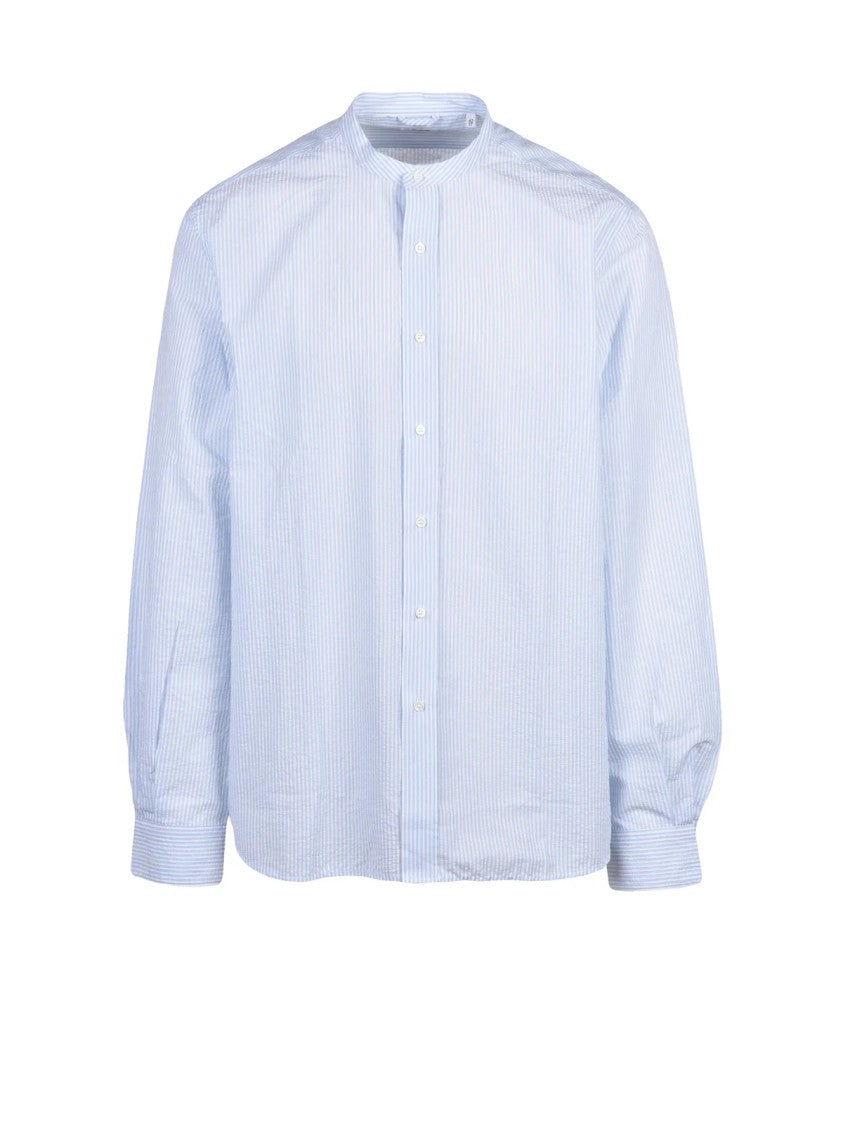Aspesi Sky Blue/White Vertical Stripe Mandarin Collar Cotton Shirt