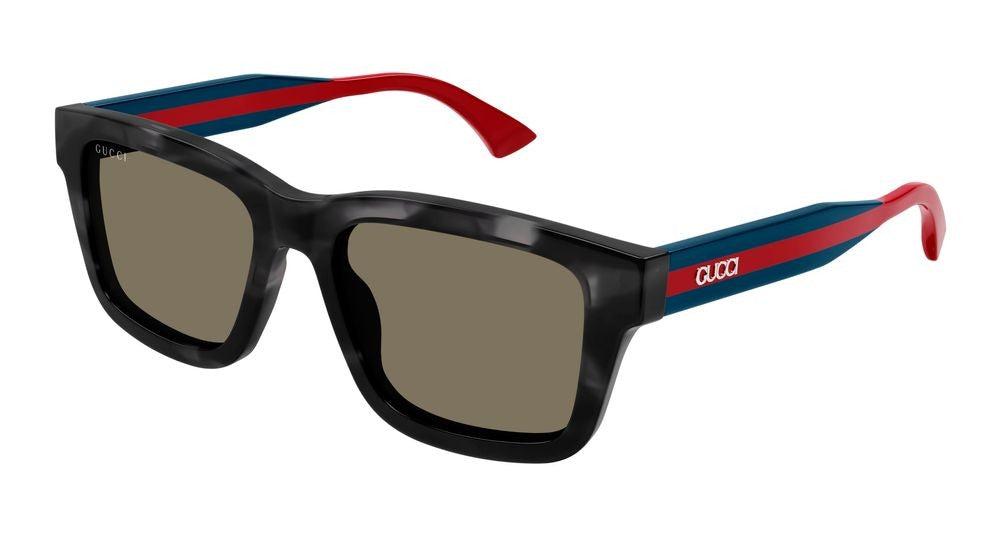 Gucci Havana Bold Striped Temples Square Acetate Sunglasses