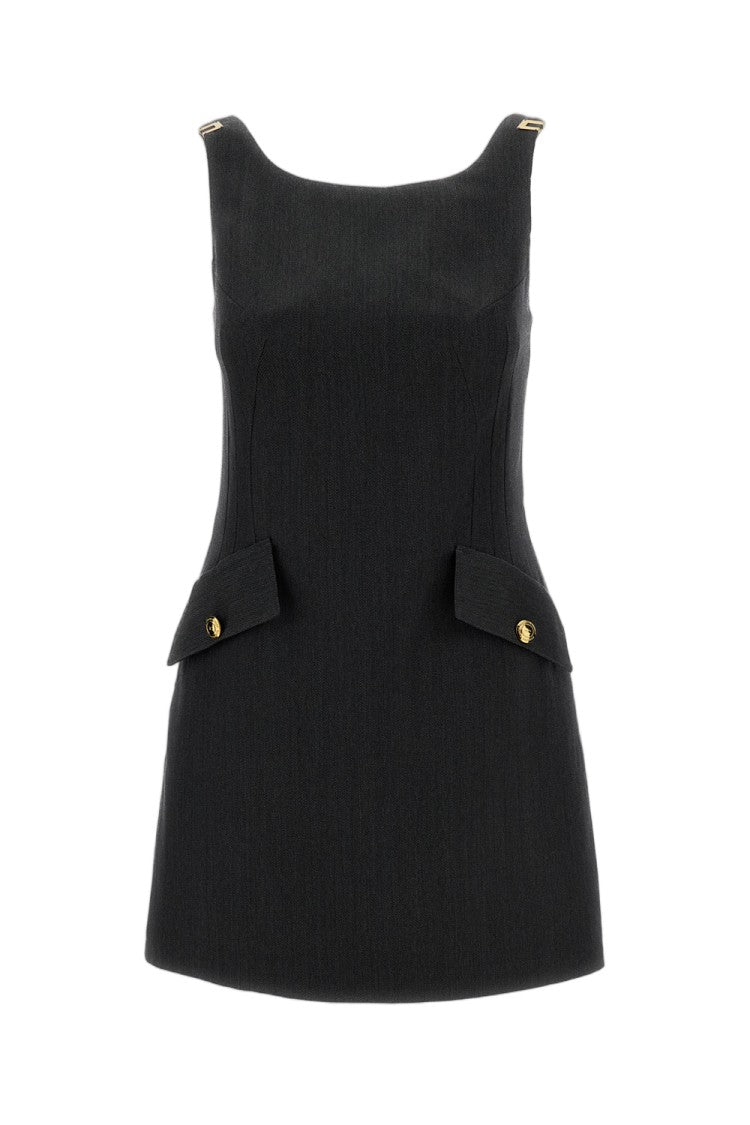 Elisabetta Franchi Melange Grey Square Neck Cool-Wool Mini Dress