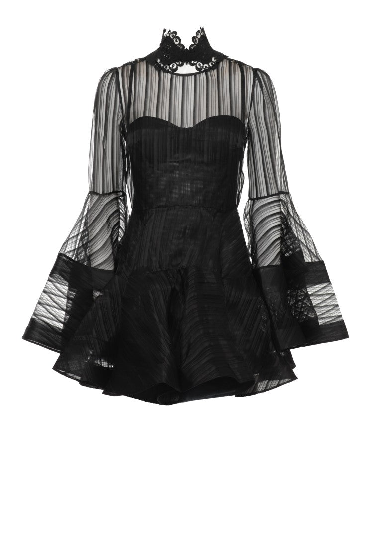 Zimmermann Silk Mini Dress With Flared Sleeves And Lace Collar