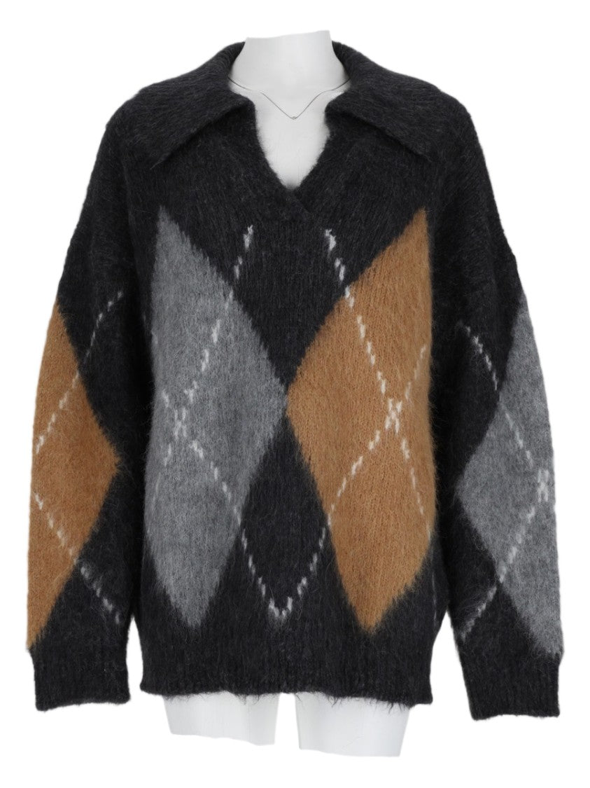 Filippa K Grey Argyle V-Neck Collared Alpaca-Blend Sweater