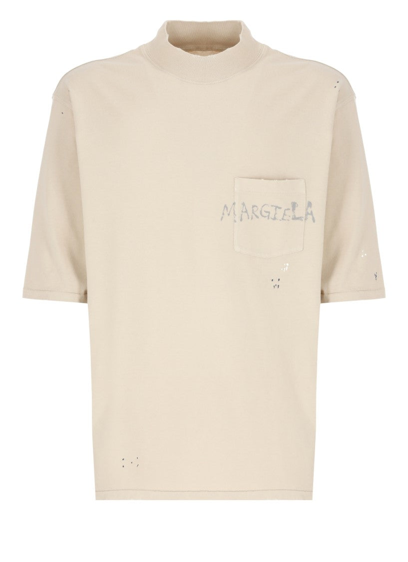 Maison Margiela Beige Cotton Graffiti T-Shirt With Distressed Details