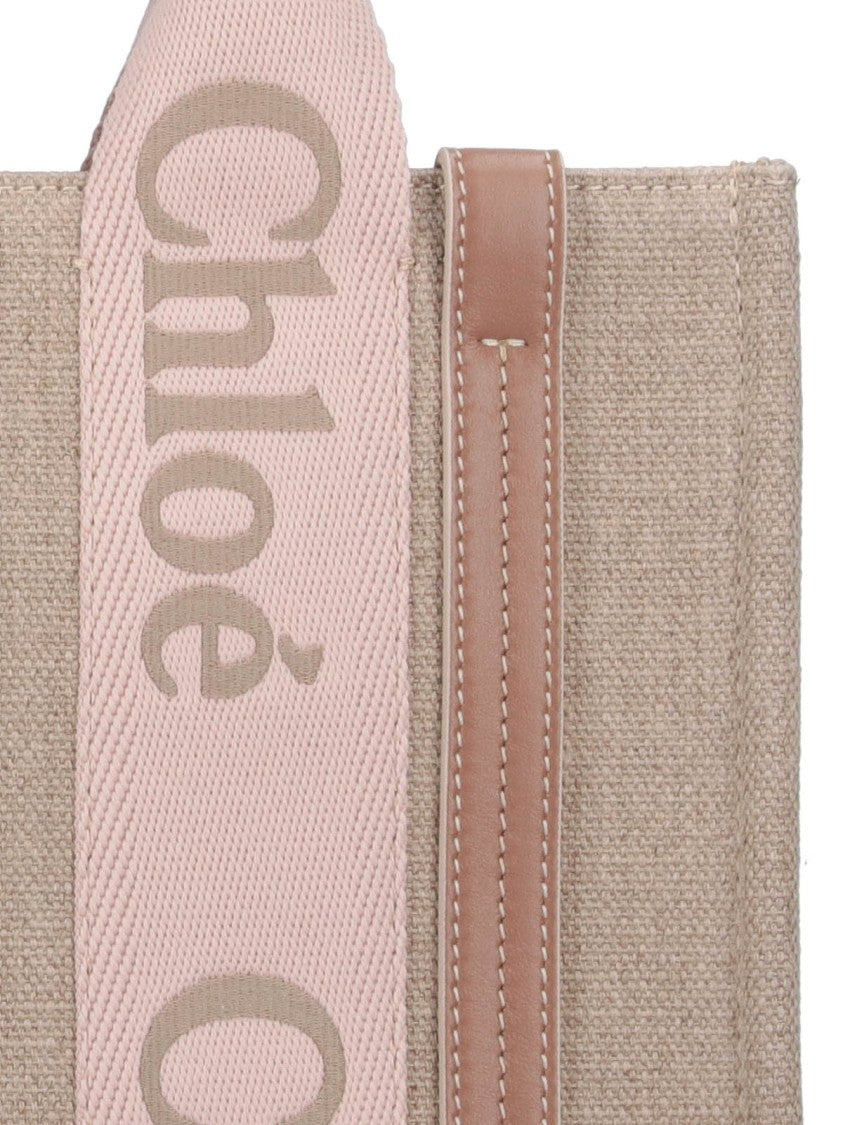 Chloé Beige Linen Tote With Calfskin Accents And Logo Detail