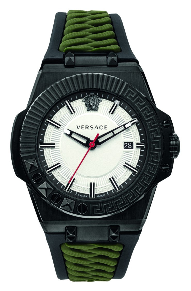 Versace Chain Reaction Swiss-Made Quartz Watch With Luminous Dial And Silicone Strap