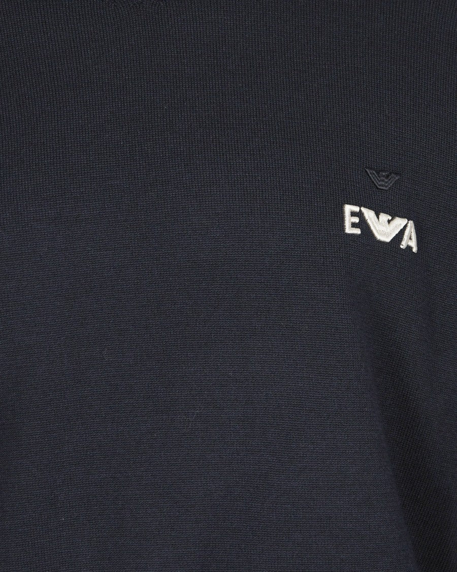 Emporio Armani Navy Blue Virgin Wool Sweater With Logo