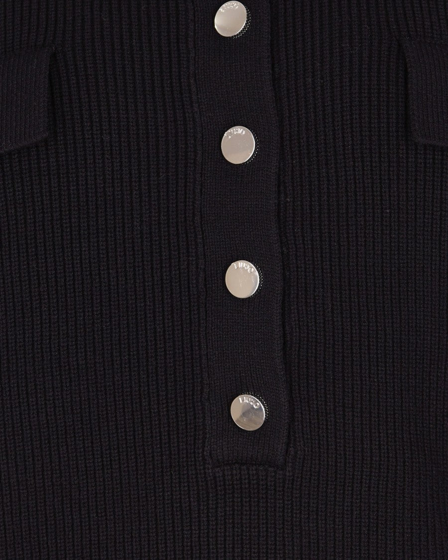 Liu Jo Ribbed Knit Top With Oversized Collar And Metallic Button Details