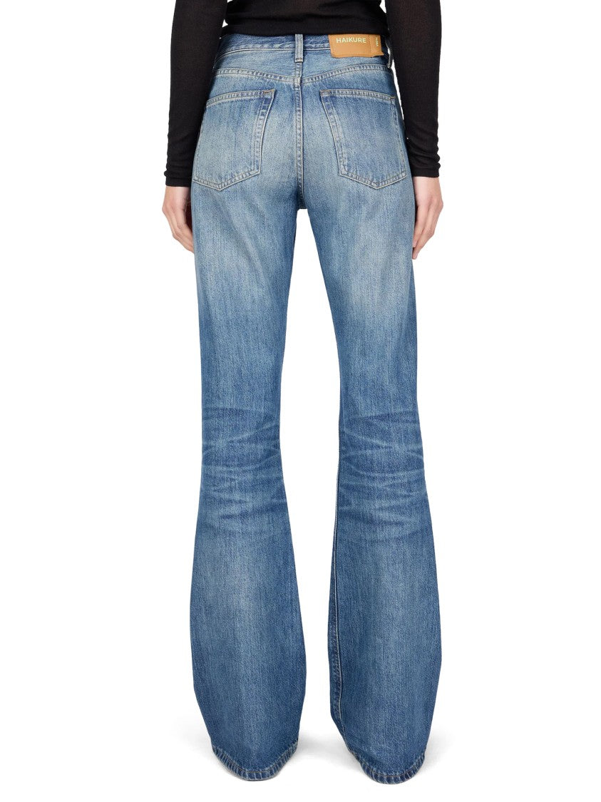 Haikure Flared Trousers In Medium Blue Organic Cotton Denim