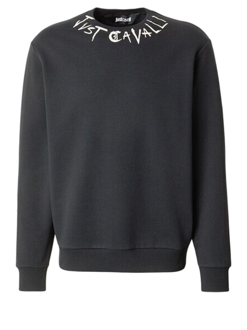 Just Cavalli Black Cotton Sweatshirt With Signature Logo Neckline