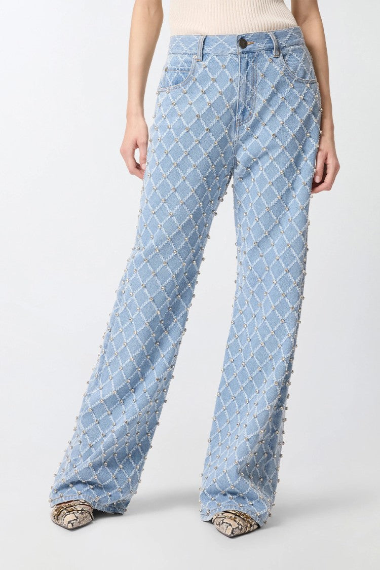 Pinko Blue Wanda Diamond-Lattice Crystal Cotton Wide-Leg Jeans