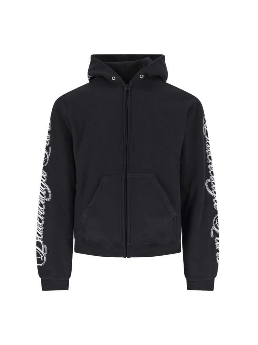 Balenciaga Black Cursive Logo Cotton Zip Hoodie