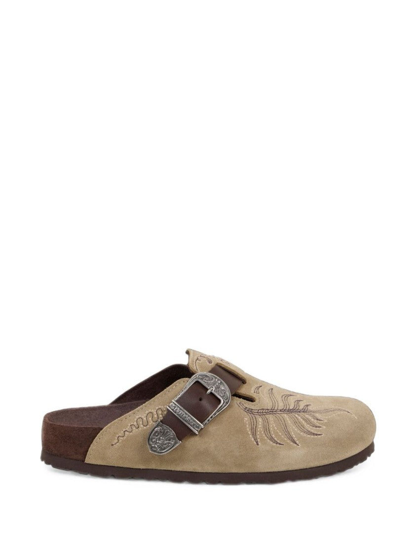 Etro X Birkenstock Beige Suede Slip-On Sandals With Embroidered Leaf Patterns