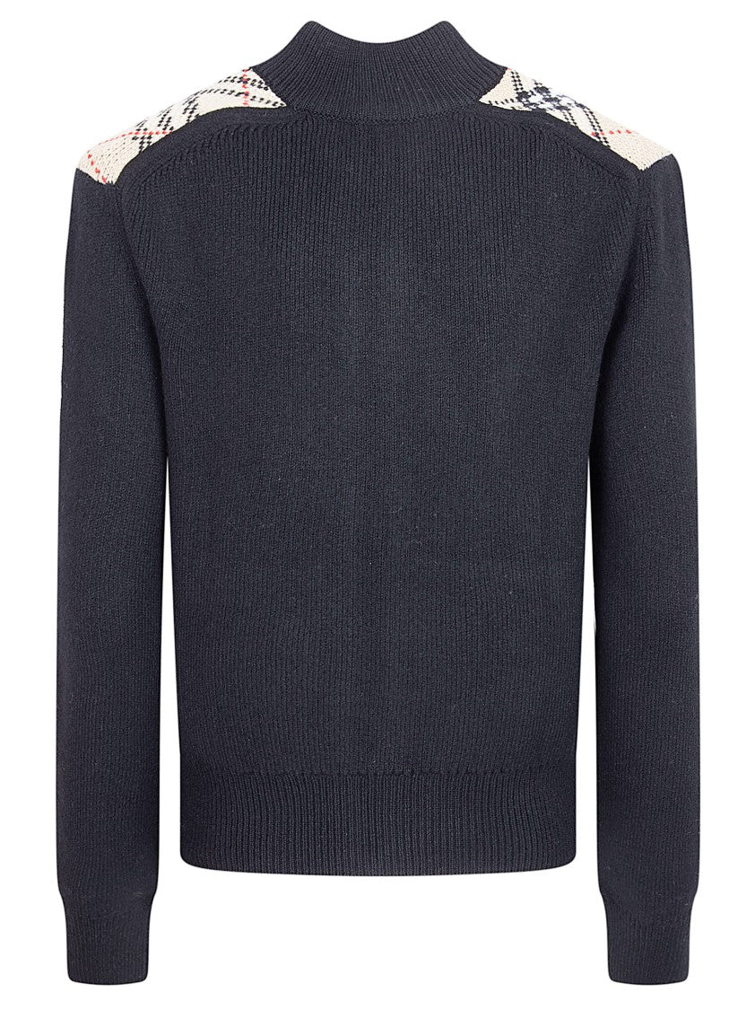 Burberry Cashmere-Wool Blend Cardigan With Plaid Patches And Full-Zip Closure