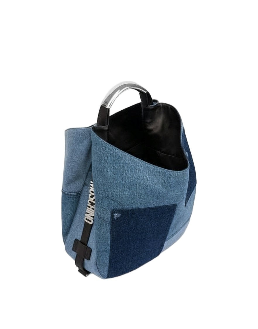 Moschino Patchwork Denim Shoulder Bag With Silver-Tone Accents